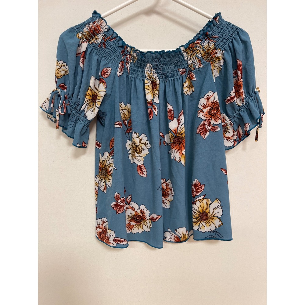 Timing Blue Floral Smocked Off The Shoulder Blouse Short Flutter Sleeve Medium
